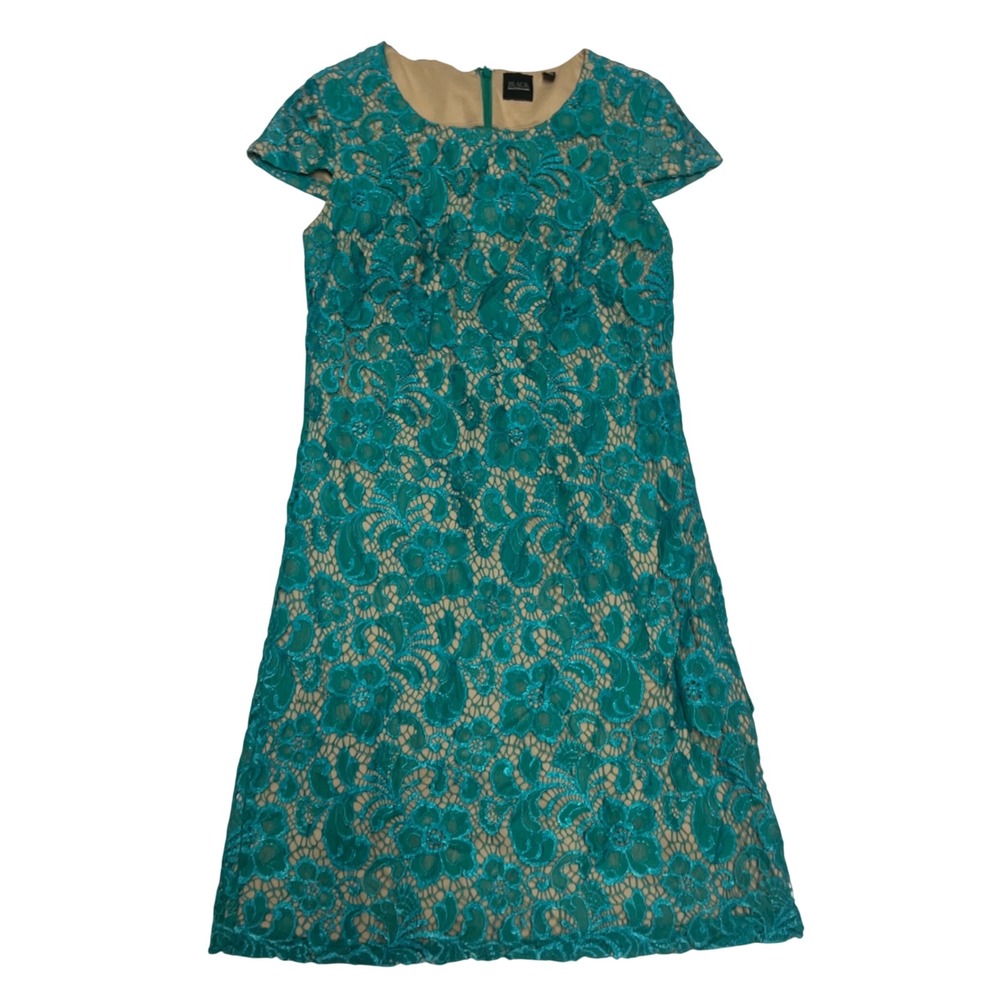Black Saks Fifth Avenue Teal Floral Lace Sheath Dress Cap‎ Sleeve Mini XS